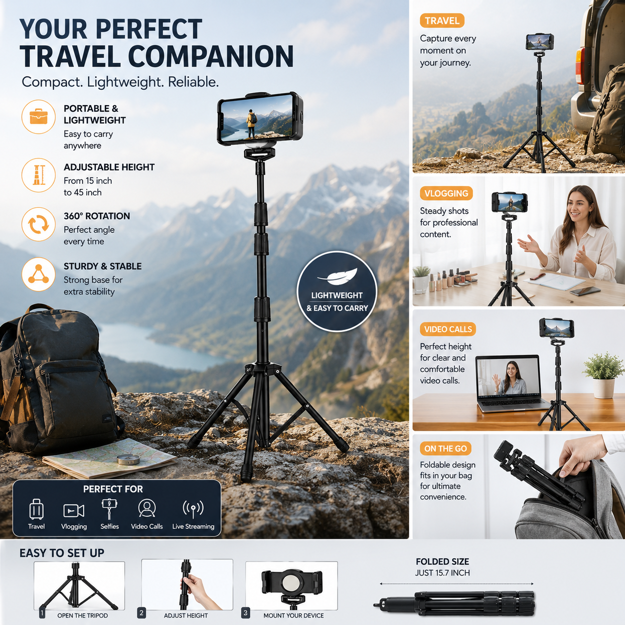 Adjustable Metal Tripod Stand with 360° Rotating Holder