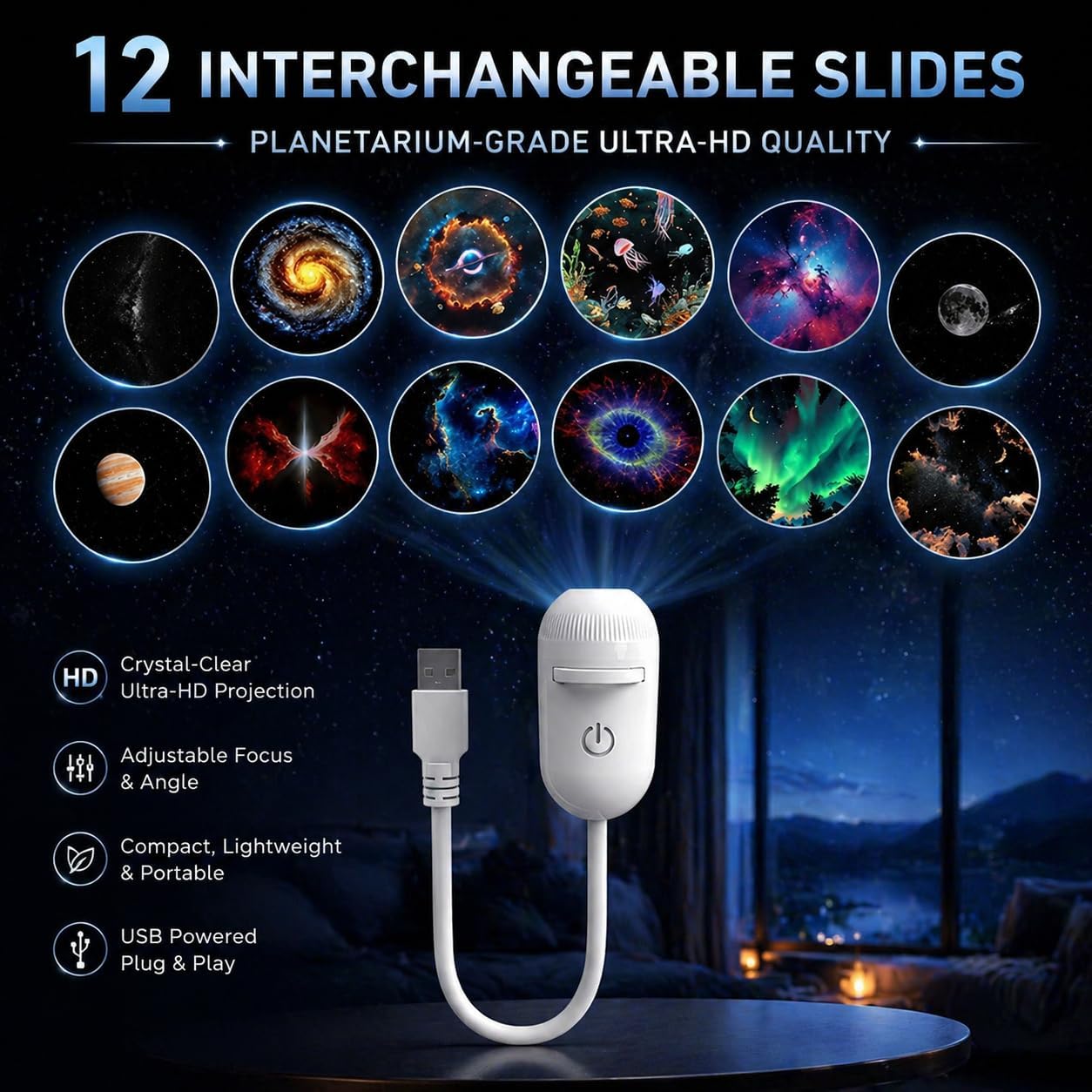 12-in-1 Galaxy Star Projector Night Light with 360° Adjustable Angle