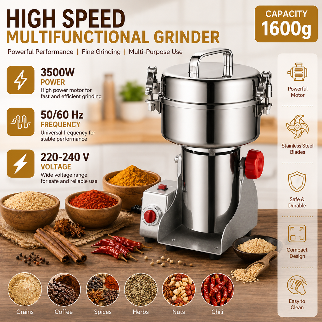 High Speed 3500W Electric Grain Grinder with 1600g Capacity Stainless Steel