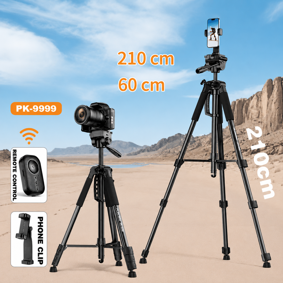 210CM Portable Camera Tripod with Hand Grip and Wireless Remote Control