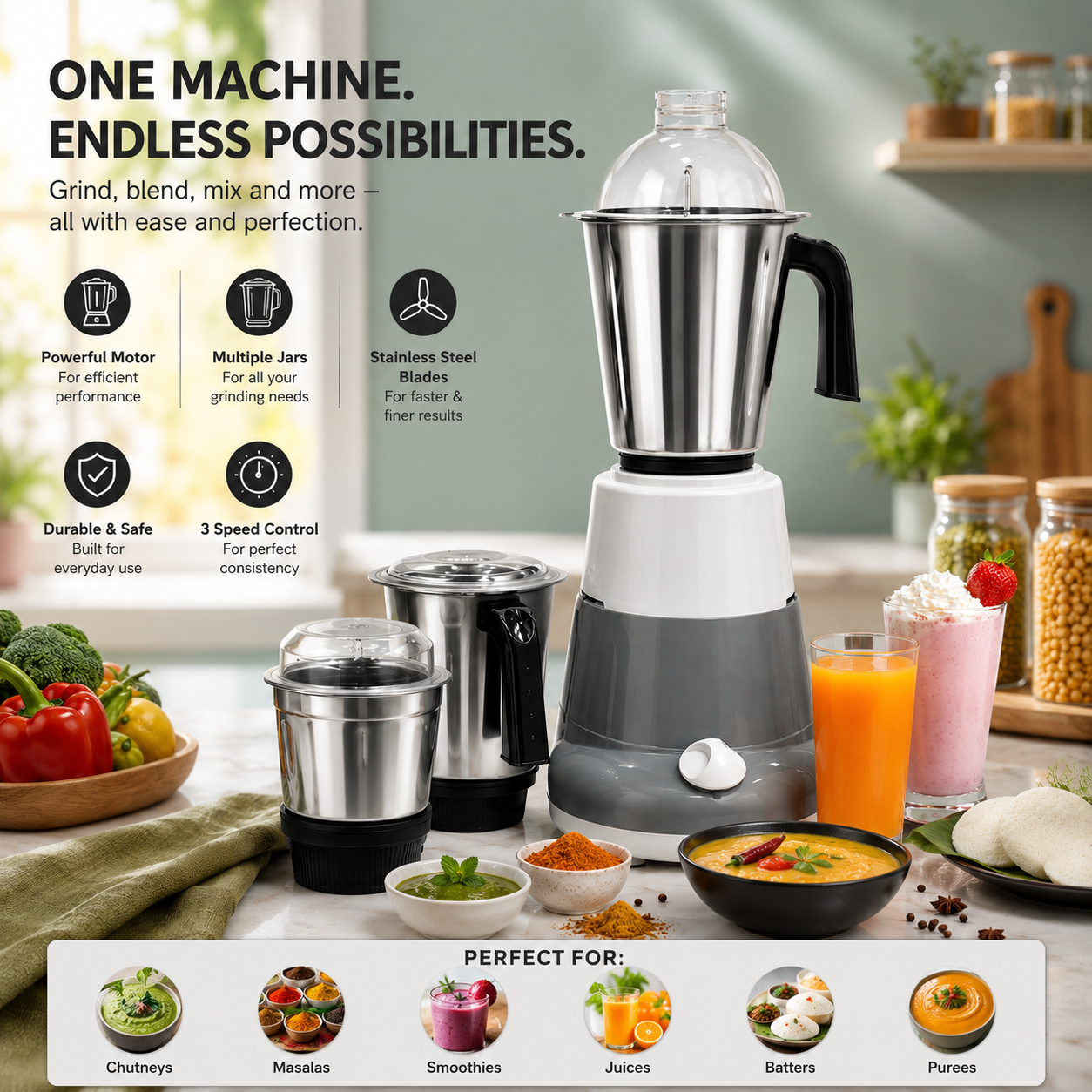 3-in-1 Stainless Steel Mixer Grinder Blender with Heavy Duty Motor