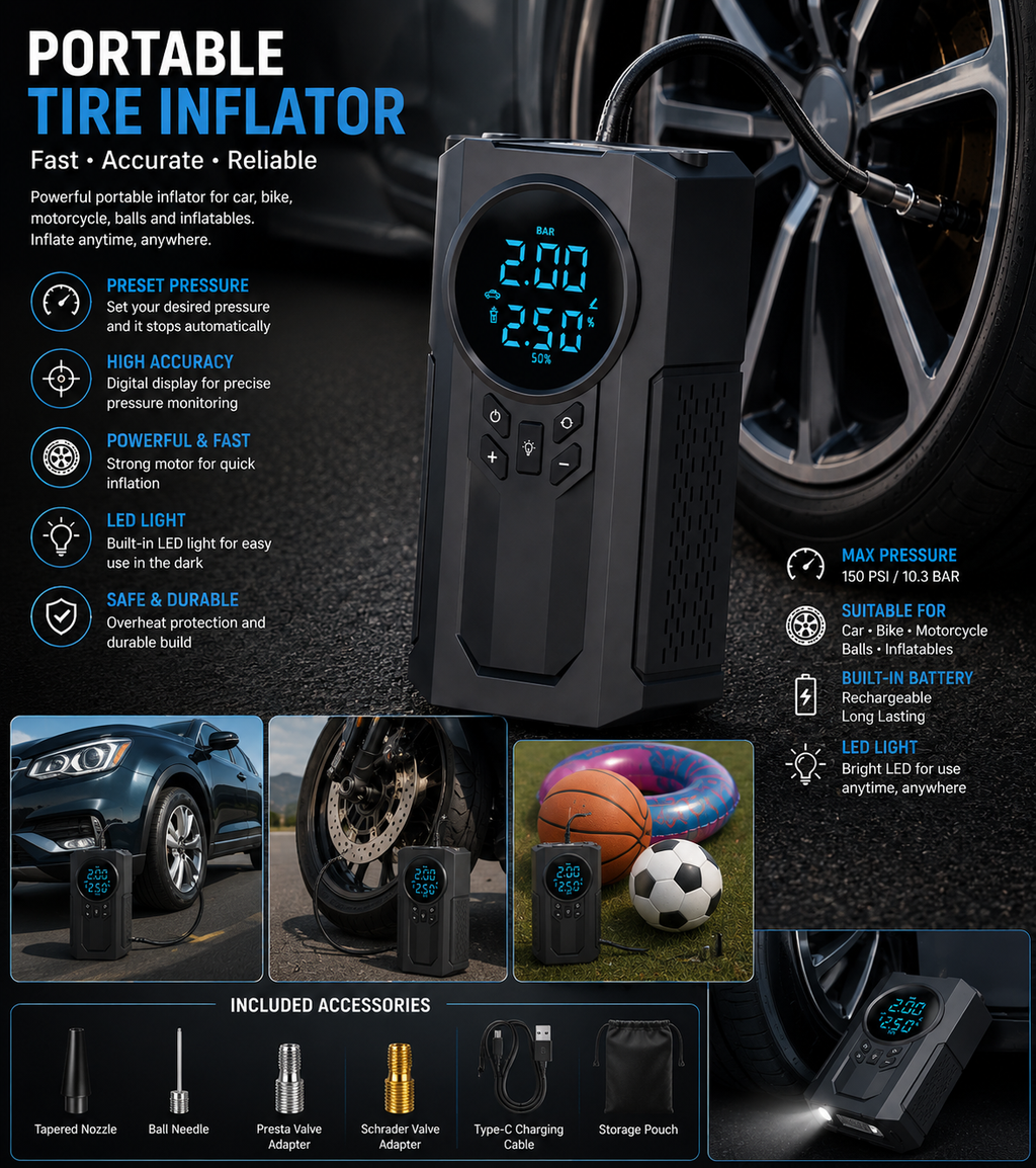 4-in-1 Portable Car Jump Starter, Air Pump