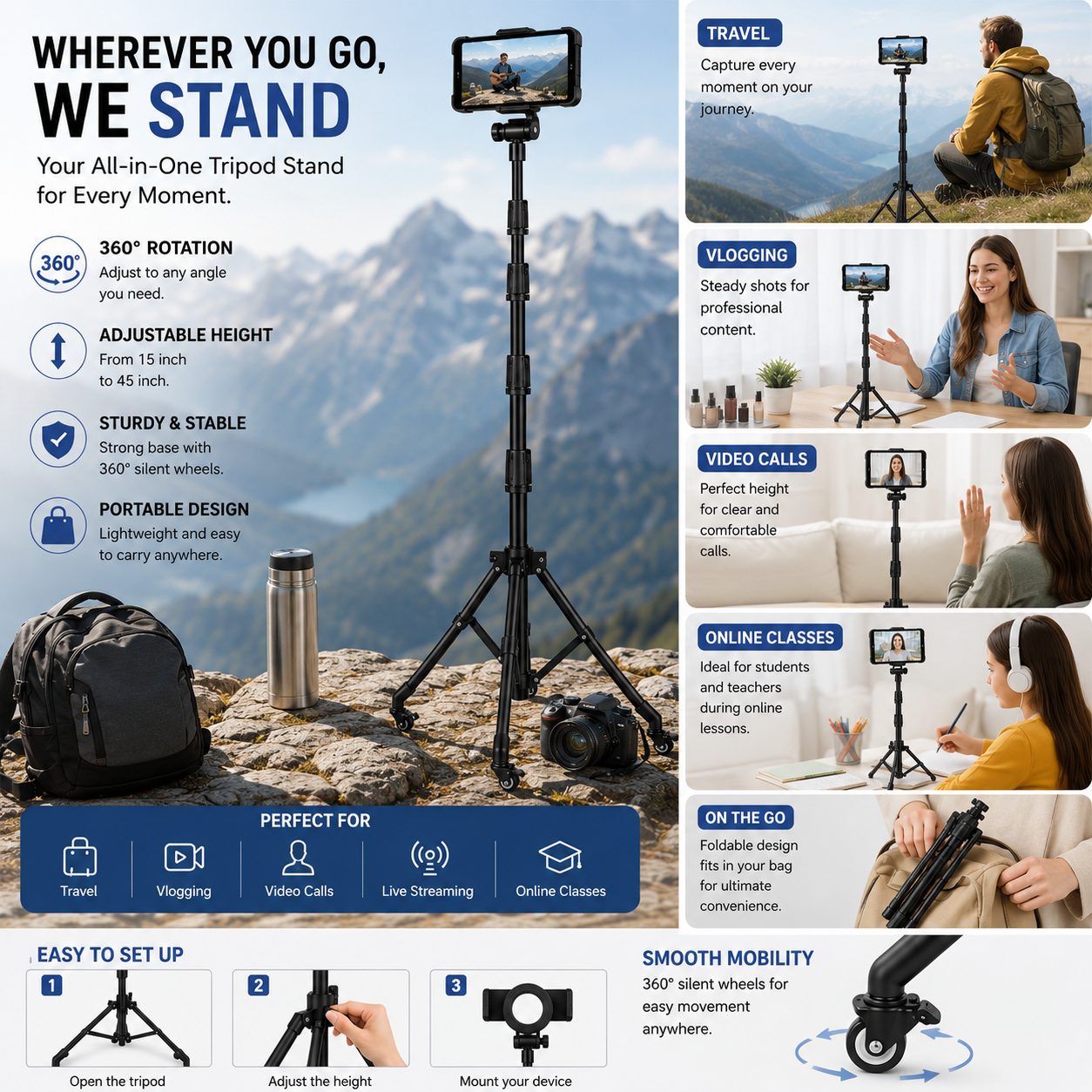 Adjustable Tripod Stand with 360° Rotating Holder and Lockable Wheels
