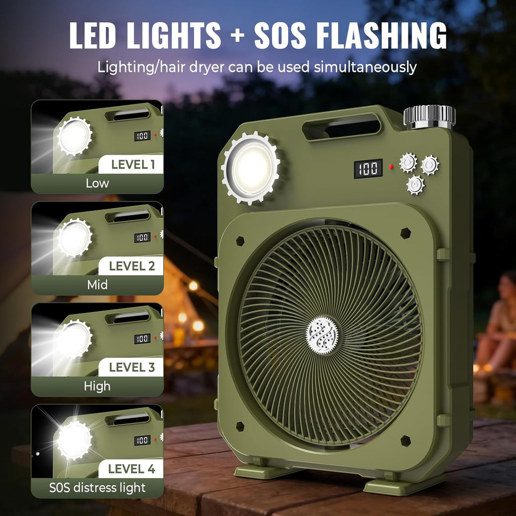 Portable Camping Fan with LED Light, 100-Speed Rechargeable Desk Fan