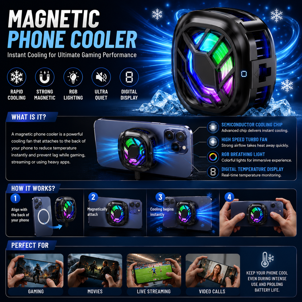 Magnetic Semiconductor Phone Game Cooler with LCD Temperature Display