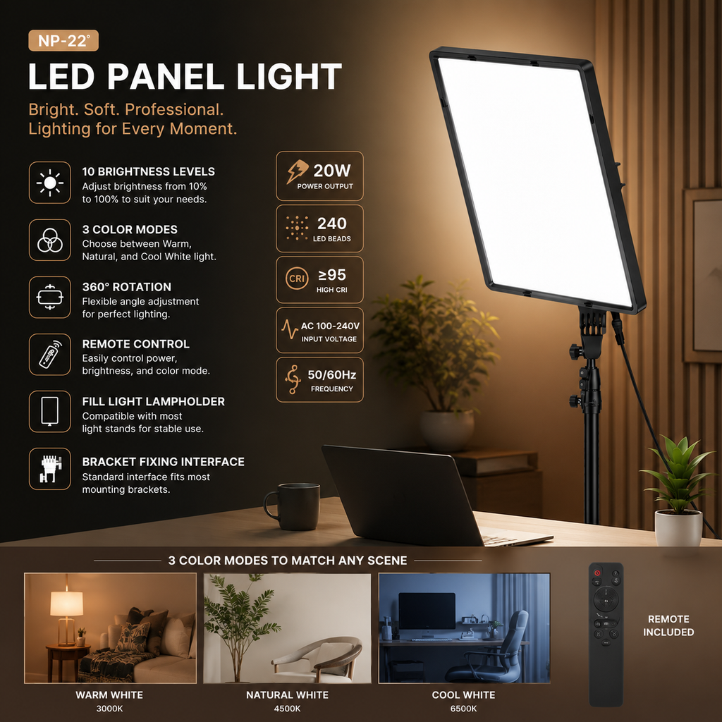 22-Inch Bi-Color LED Panel Light with 7-Foot Adjustable Tripod Stand and Phone Holder