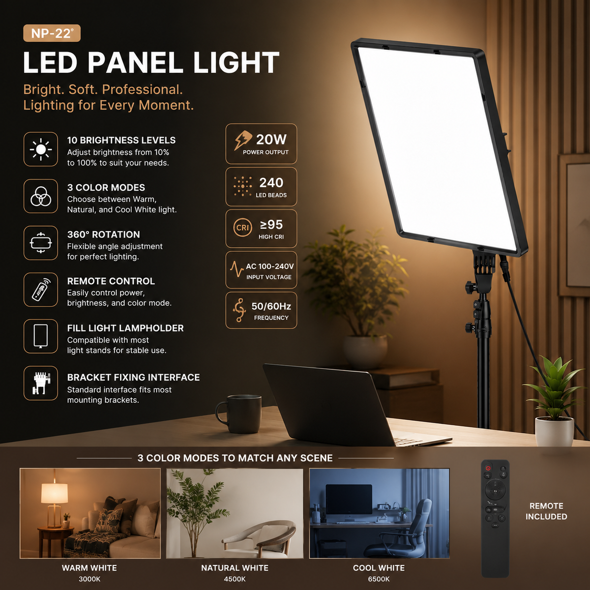 22-Inch Bi-Color LED Panel Light with 7-Foot Adjustable Tripod Stand and Phone Holder