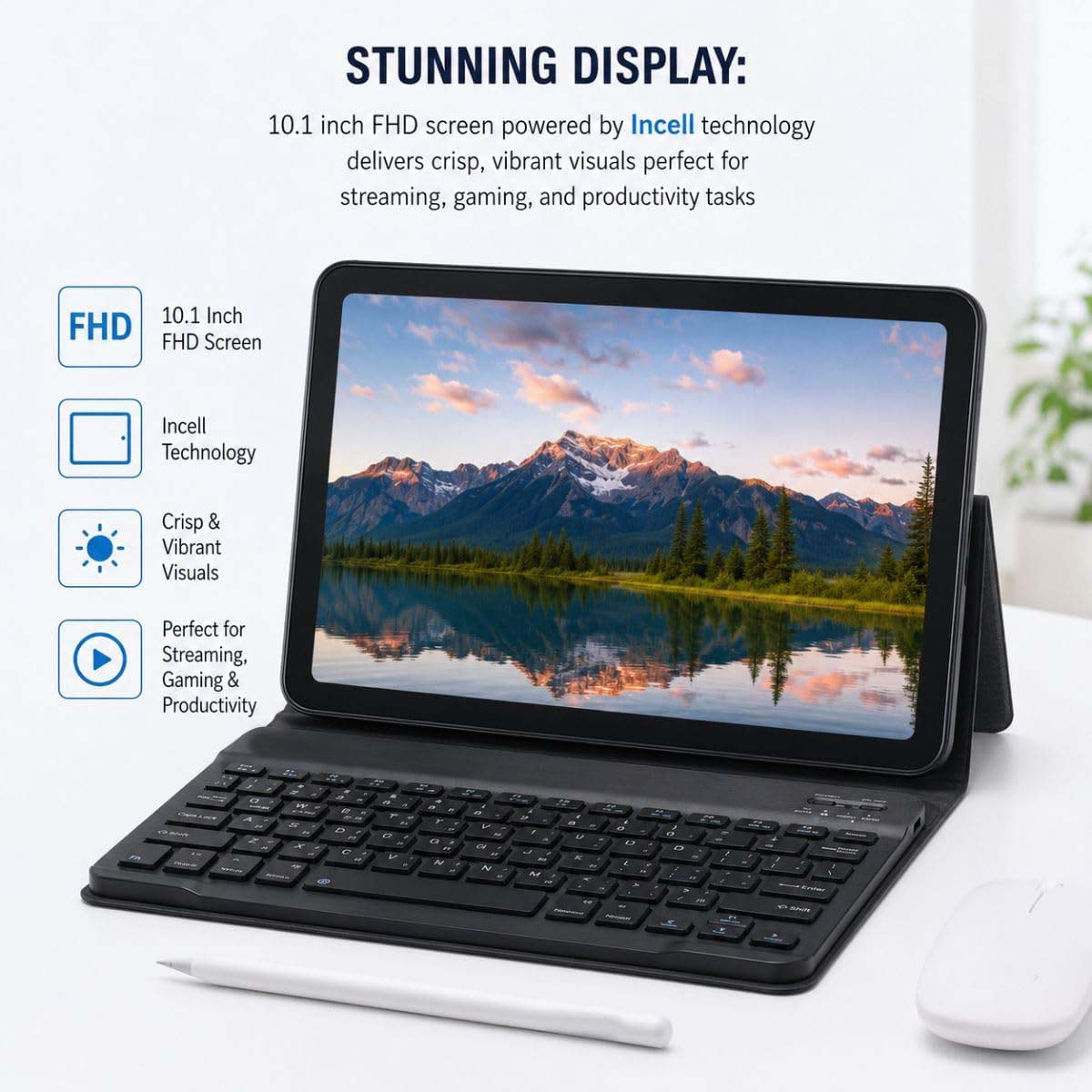 10.1 Inch Android 15 Tablet Bundle with Wireless Keyboard