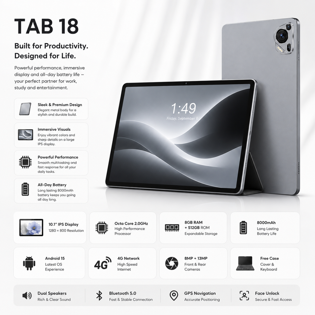 Tab 18 10.1 Inch Tablet with 8GB RAM, 512GB Storage