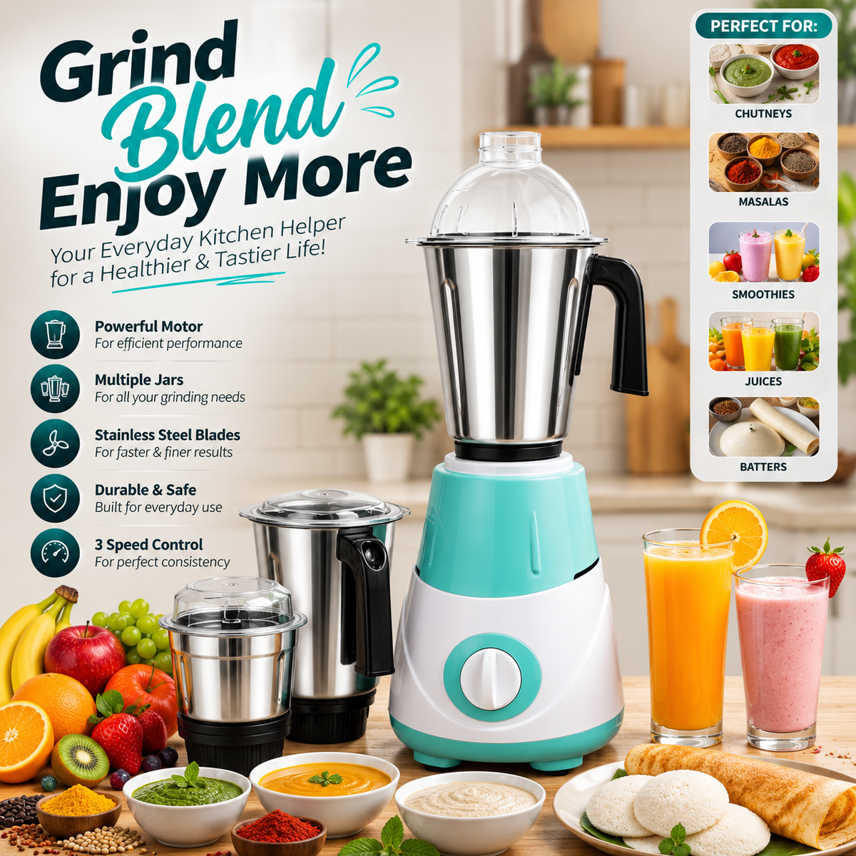 3-in-1 Electric Mixer Grinder with 550W Motor