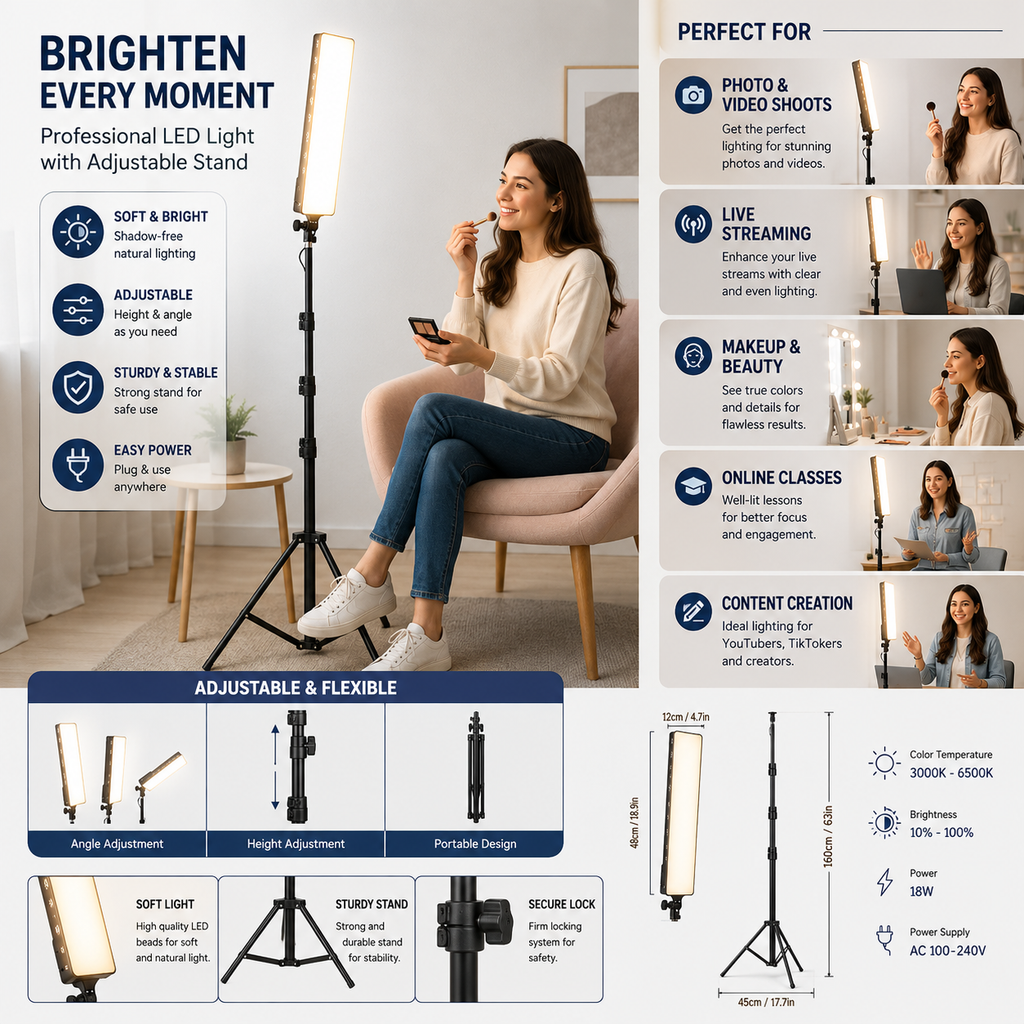 Professional Bi-Color LED Light Panel Kit 58 × 10 cm with Adjustable Stand