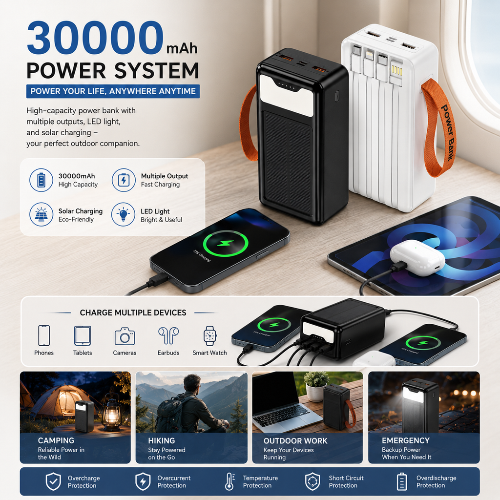 Portable Solar Power Bank 30000mAh with Built-In Charging Cables