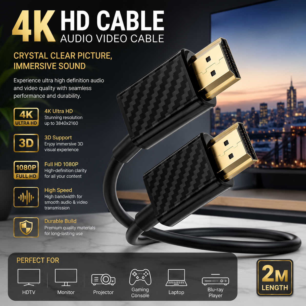 2 Meter HDMI to HDMI Cable with 4K Ultra HD