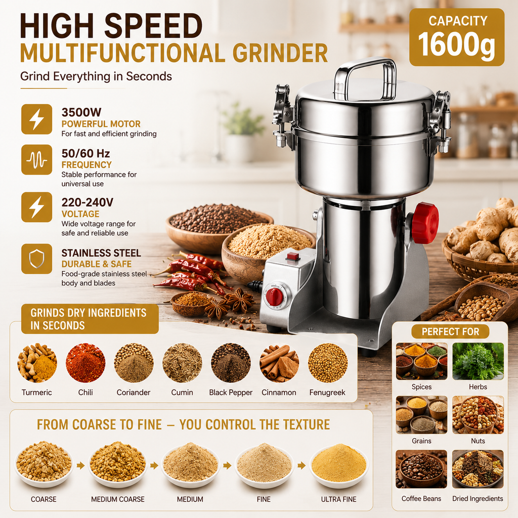 High Speed 3500W Electric Grain Grinder with 1600g Capacity Stainless Steel