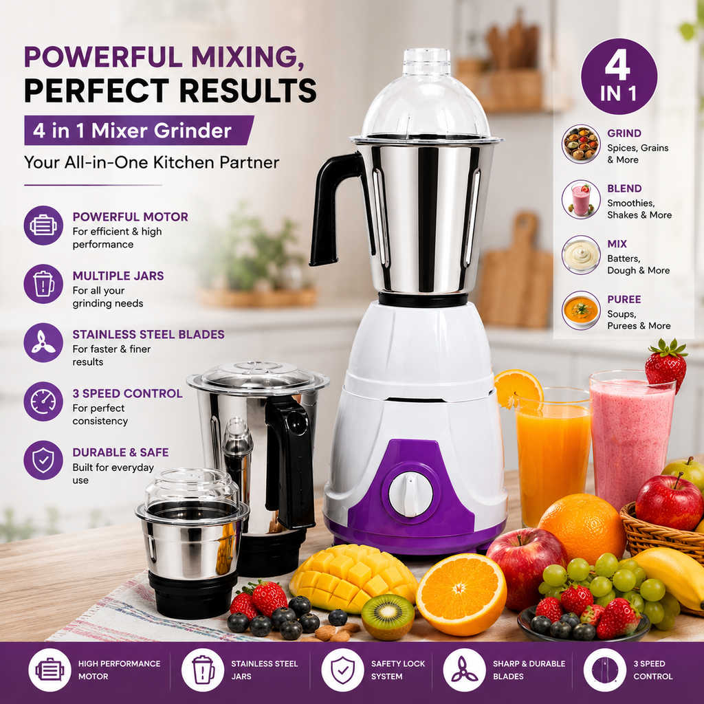 3-in-1 Mixer Grinder with 550W Motor, Three Stainless Steel Jars
