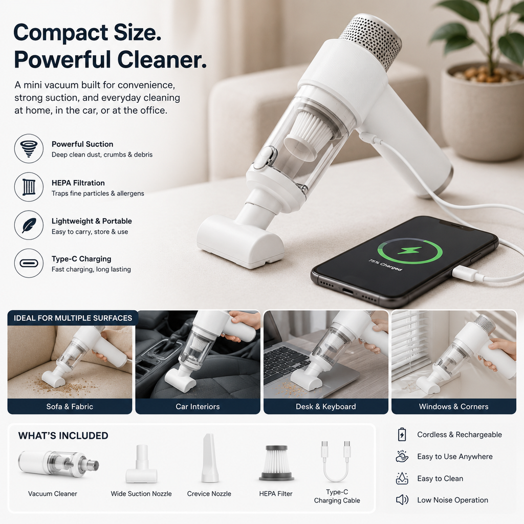 Cordless Handheld Vacuum Cleaner with USB Rechargeable Battery