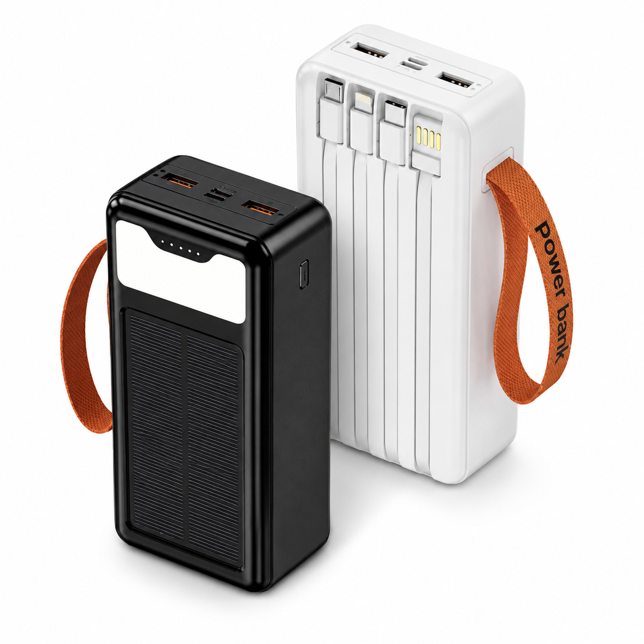 Portable Solar Power Bank 30000mAh with Built-In Charging Cables